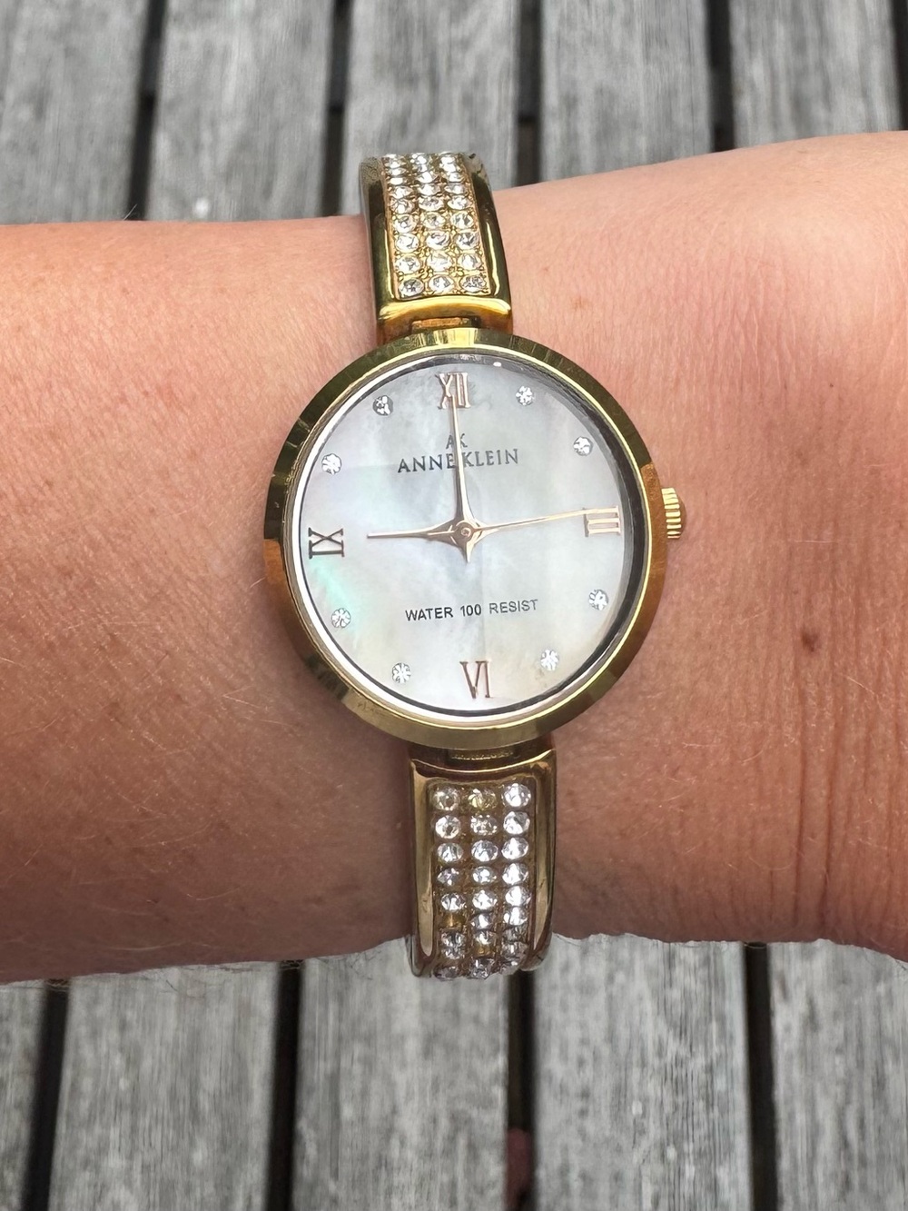 AK Anne Klein Gold Tone Watch. Mother of Pearl Dial.